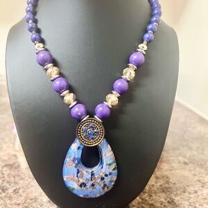 NWOT Elegant Purple Beaded Necklace with Blue Pendant